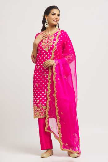 Buy_Surbhi Shah_Pink Silk, Organza Pearls, Embroidery Round Neck Hand Kurta Pant Set _Online_at_Aza_Fashions