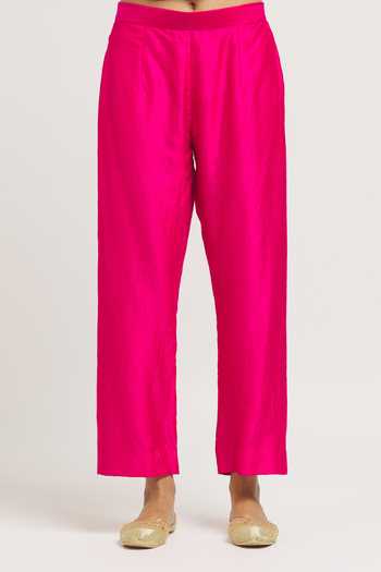 Surbhi Shah_Pink Silk, Organza Pearls, Embroidery Round Neck Hand Kurta Pant Set _at_Aza_Fashions