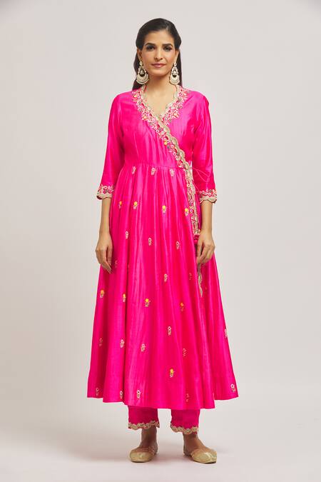 Surbhi Shah_Pink Silk, Organza Pearls, Embroidery V-neck Hand Angrakha Pant Set _Online_at_Aza_Fashions