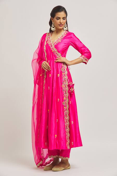Buy_Surbhi Shah_Pink Silk, Organza Pearls, Embroidery V-neck Hand Angrakha Pant Set _Online_at_Aza_Fashions