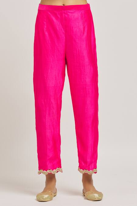 Surbhi Shah_Pink Silk, Organza Pearls, Embroidery V-neck Hand Angrakha Pant Set _at_Aza_Fashions
