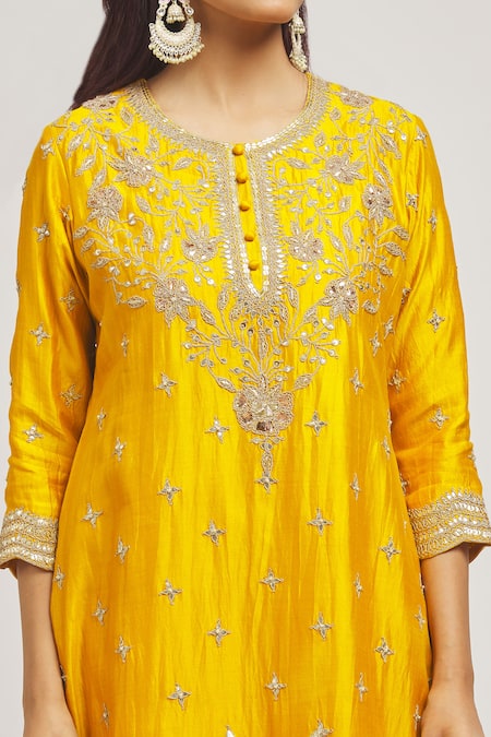 Shop_Surbhi Shah_Yellow Silk, Organza Embroidery, Mirrors Round Neck Mukaish Hand Kurta Pant Set _Online_at_Aza_Fashions
