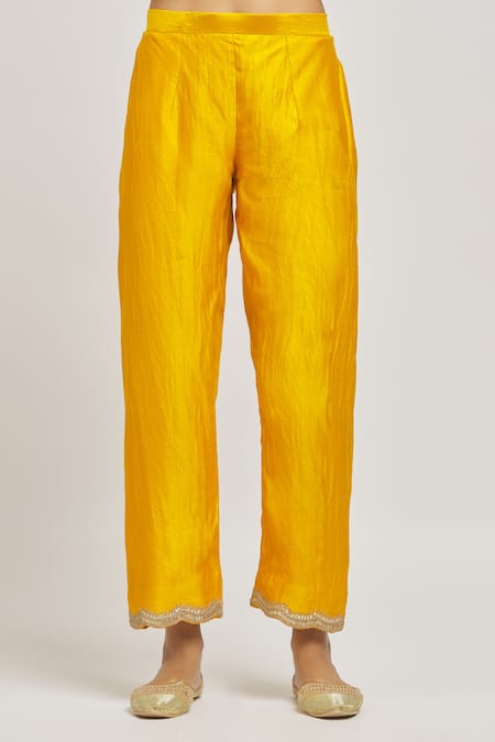 Surbhi Shah_Yellow Silk, Organza Embroidery, Mirrors Round Neck Mukaish Hand Kurta Pant Set _at_Aza_Fashions