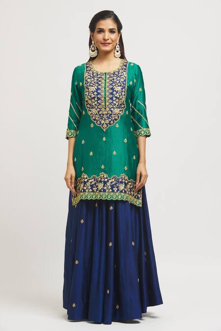 Surbhi Shah Emerald Green Silk, Organza Embroidery, Gota Patti Round Hand Kurta Lehenga Set Online at Aza Fashions Surbhi Shah_Emerald Green Silk, Organza Embroidery, Gota Patti Round Hand Kurta Lehenga Set _Online_at_Aza_Fashions