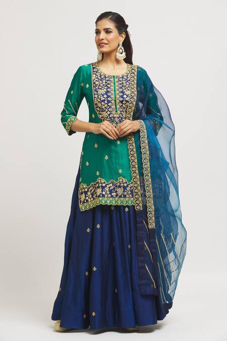 Buy Surbhi Shah Emerald Green Silk, Organza Embroidery, Gota Patti Round Hand Kurta Lehenga Set Online at Aza Fashions Buy_Surbhi Shah_Emerald Green Silk, Organza Embroidery, Gota Patti Round Hand Kurta Lehenga Set _Online_at_Aza_Fashions