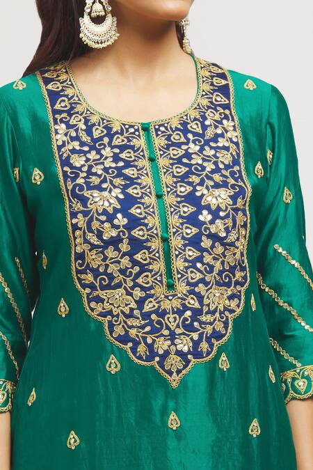Shop Surbhi Shah Emerald Green Silk, Organza Embroidery, Gota Patti Round Hand Kurta Lehenga Set Online at Aza Fashions Shop_Surbhi Shah_Emerald Green Silk, Organza Embroidery, Gota Patti Round Hand Kurta Lehenga Set _Online_at_Aza_Fashions