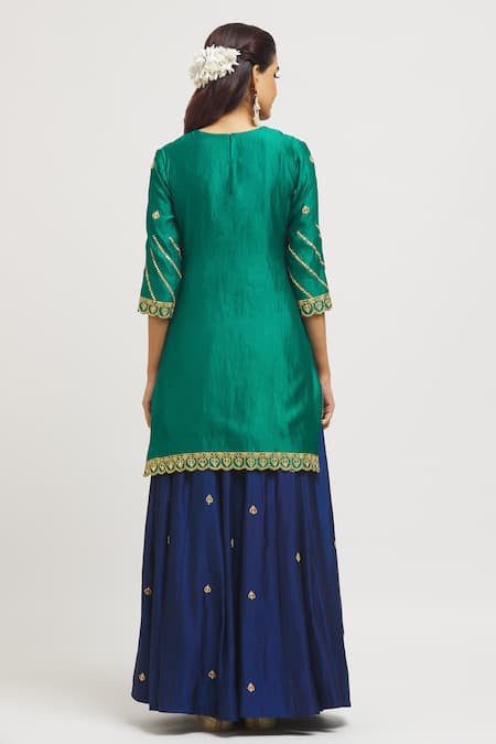 Shop Surbhi Shah Emerald Green Silk, Organza Embroidery, Gota Patti Round Hand Kurta Lehenga Set at Aza Fashions Shop_Surbhi Shah_Emerald Green Silk, Organza Embroidery, Gota Patti Round Hand Kurta Lehenga Set _at_Aza_Fashions