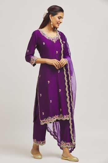 Buy_Surbhi Shah_Purple Silk, Organza Embroidery Scoop Neck Thread Hand Kurta Pant Set _Online_at_Aza_Fashions