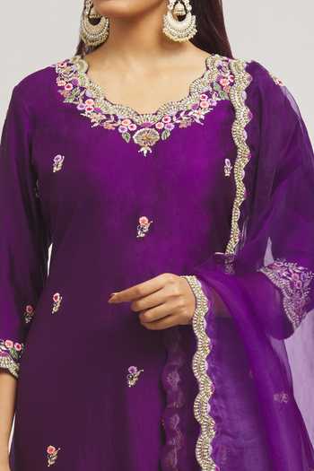 Shop_Surbhi Shah_Purple Silk, Organza Embroidery Scoop Neck Thread Hand Kurta Pant Set _Online_at_Aza_Fashions