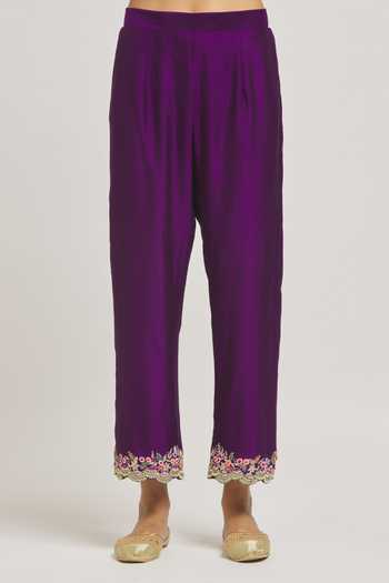 Surbhi Shah_Purple Silk, Organza Embroidery Scoop Neck Thread Hand Kurta Pant Set _at_Aza_Fashions