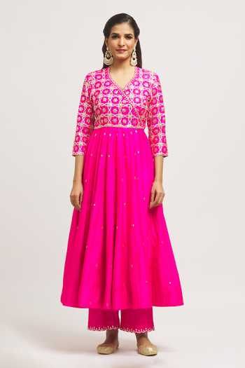 Surbhi Shah_Pink Silk, Organza Embroidery V-neck Gota Hand Angrakha Pant Set _Online_at_Aza_Fashions