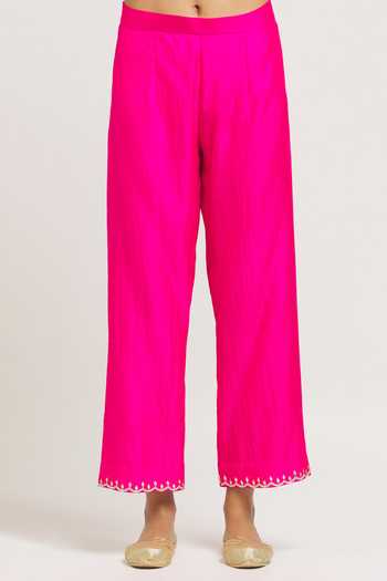 Surbhi Shah_Pink Silk, Organza Embroidery V-neck Gota Hand Angrakha Pant Set _at_Aza_Fashions