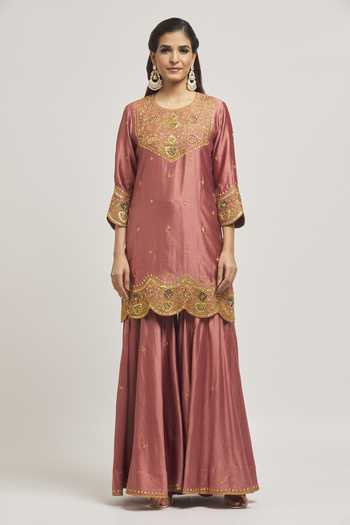 Surbhi Shah_Purple Silk, Organza Embroidery Round Neck Hand Kurta Sharara Set _Online_at_Aza_Fashions
