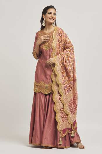 Buy_Surbhi Shah_Purple Silk, Organza Embroidery Round Neck Hand Kurta Sharara Set _Online_at_Aza_Fashions