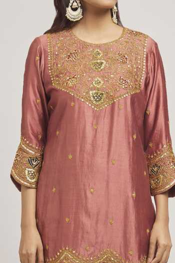 Shop_Surbhi Shah_Purple Silk, Organza Embroidery Round Neck Hand Kurta Sharara Set _Online_at_Aza_Fashions