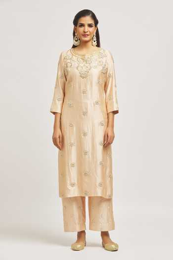 Surbhi Shah_Beige Silk, Organza Embroidery, Zari Round Neck Zardosi Hand Kurta Pant Set _Online_at_Aza_Fashions