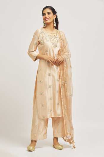 Shop_Surbhi Shah_Beige Silk, Organza Embroidery, Zari Round Neck Zardosi Hand Kurta Pant Set _Online_at_Aza_Fashions