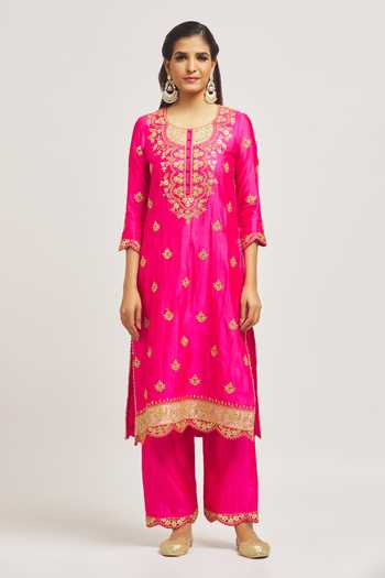 Surbhi Shah_Pink Silk, Organza Embroidery Round Neck Marori Patchwork Kurta Pant Set _Online_at_Aza_Fashions
