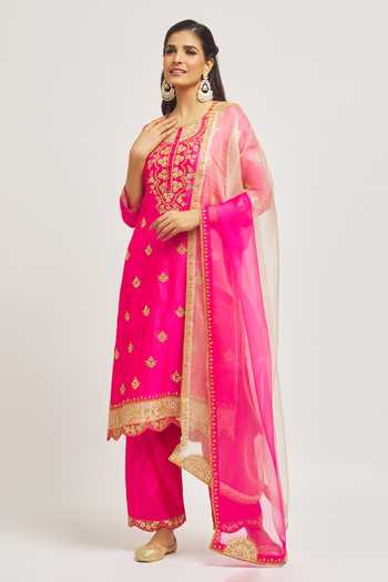 Buy_Surbhi Shah_Pink Silk, Organza Embroidery Round Neck Marori Patchwork Kurta Pant Set _Online_at_Aza_Fashions