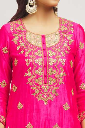 Shop_Surbhi Shah_Pink Silk, Organza Embroidery Round Neck Marori Patchwork Kurta Pant Set _Online_at_Aza_Fashions