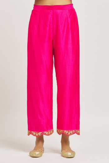 Surbhi Shah_Pink Silk, Organza Embroidery Round Neck Marori Patchwork Kurta Pant Set _at_Aza_Fashions