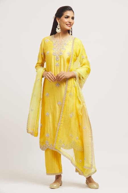 Buy_Surbhi Shah_Yellow Silk, Organza Embroidery Collared Zardosi Hand Kurta Set _Online_at_Aza_Fashions