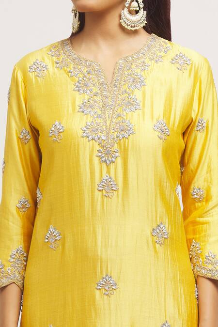 Shop_Surbhi Shah_Yellow Silk, Organza Embroidery Collared Zardosi Hand Kurta Set _Online_at_Aza_Fashions