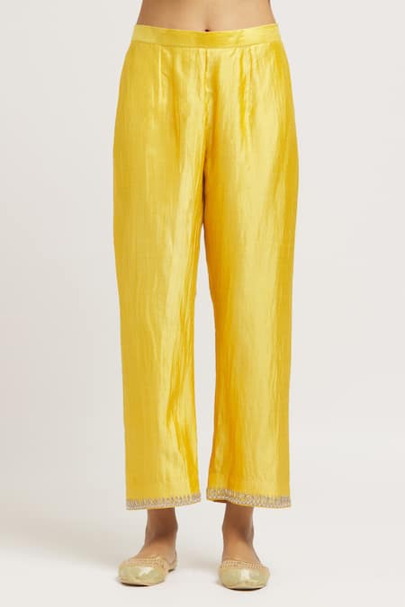 Surbhi Shah_Yellow Silk, Organza Embroidery Collared Zardosi Hand Kurta Set _at_Aza_Fashions