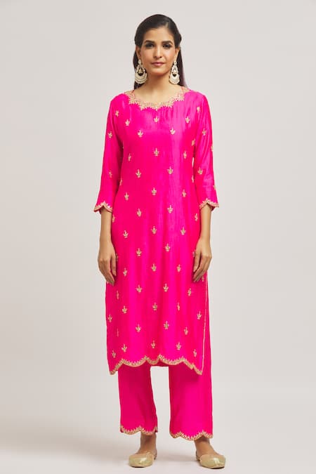 Surbhi Shah_Pink Satin, Organza Embroidery, Gota Patti, Mirrors Scoop Hand Kurta Pant Set _Online_at_Aza_Fashions