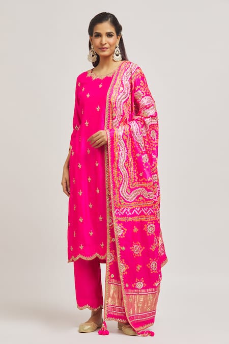 Buy_Surbhi Shah_Pink Satin, Organza Embroidery, Gota Patti, Mirrors Scoop Hand Kurta Pant Set _Online_at_Aza_Fashions