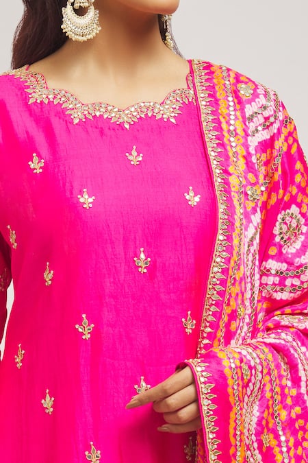 Shop_Surbhi Shah_Pink Satin, Organza Embroidery, Gota Patti, Mirrors Scoop Hand Kurta Pant Set _Online_at_Aza_Fashions