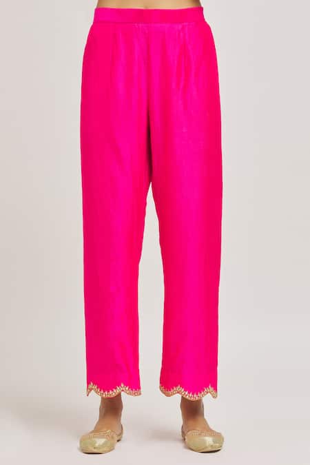 Surbhi Shah_Pink Satin, Organza Embroidery, Gota Patti, Mirrors Scoop Hand Kurta Pant Set _at_Aza_Fashions