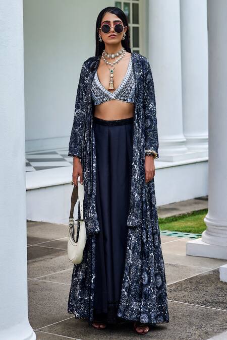 Shop The Royaleum Black Silk Embroidery, Sequins V-neck, Idika Floral Print Jacket Palazzo Set at Aza Fashions Shop_The Royaleum_Black Silk Embroidery, Sequins V-neck, Idika Floral Print Jacket Palazzo Set_at_Aza_Fashions