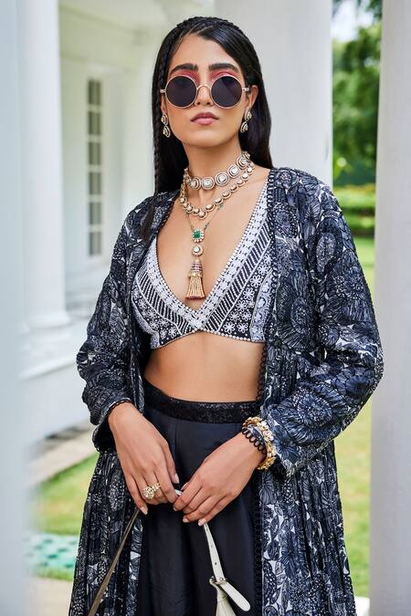 The Royaleum Black Silk Embroidery, Sequins V-neck, Idika Floral Print Jacket Palazzo Set Online at Aza Fashions The Royaleum_Black Silk Embroidery, Sequins V-neck, Idika Floral Print Jacket Palazzo Set_Online_at_Aza_Fashions