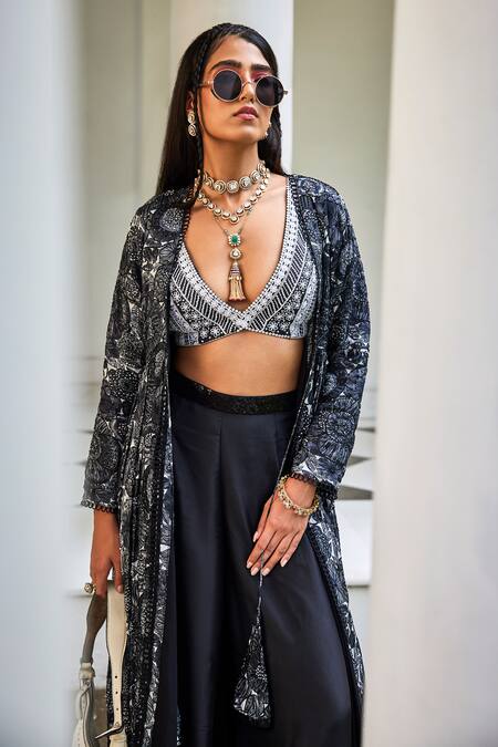 Buy The Royaleum Black Silk Embroidery, Sequins V-neck, Idika Floral Print Jacket Palazzo Set Online at Aza Fashions Buy_The Royaleum_Black Silk Embroidery, Sequins V-neck, Idika Floral Print Jacket Palazzo Set_Online_at_Aza_Fashions