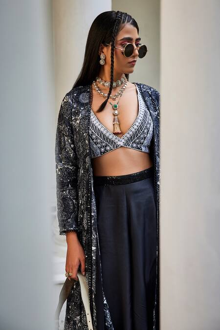 Shop The Royaleum Black Silk Embroidery, Sequins V-neck, Idika Floral Print Jacket Palazzo Set Online at Aza Fashions Shop_The Royaleum_Black Silk Embroidery, Sequins V-neck, Idika Floral Print Jacket Palazzo Set_Online_at_Aza_Fashions