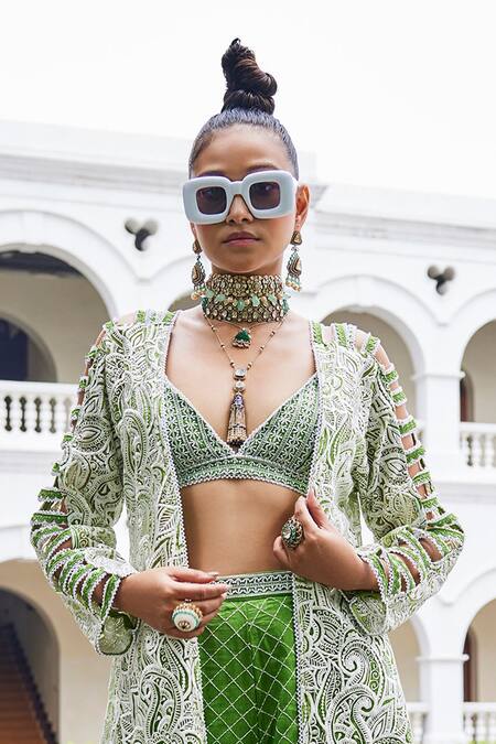 The Royaleum_Green Denim, Organza Beads, Embroidery Habiba Paisley Hand Jacket Palazzo Set_Online_at_Aza_Fashions