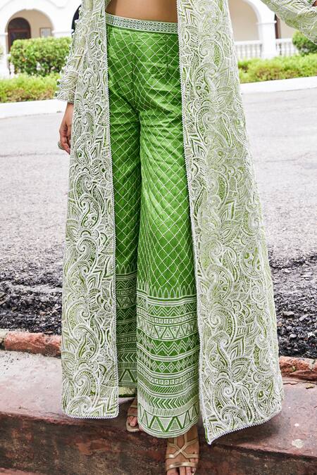 Buy_The Royaleum_Green Denim, Organza Beads, Embroidery Habiba Paisley Hand Jacket Palazzo Set_Online_at_Aza_Fashions