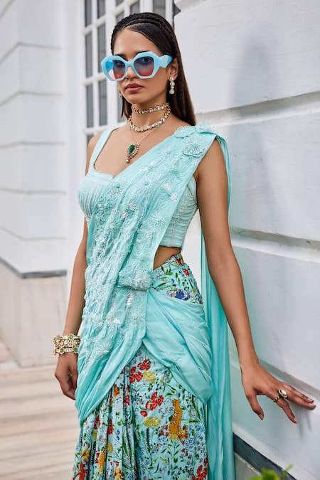 Buy Blue Upada Silk Hand Embroidery Dhara Pre-draped Saree With