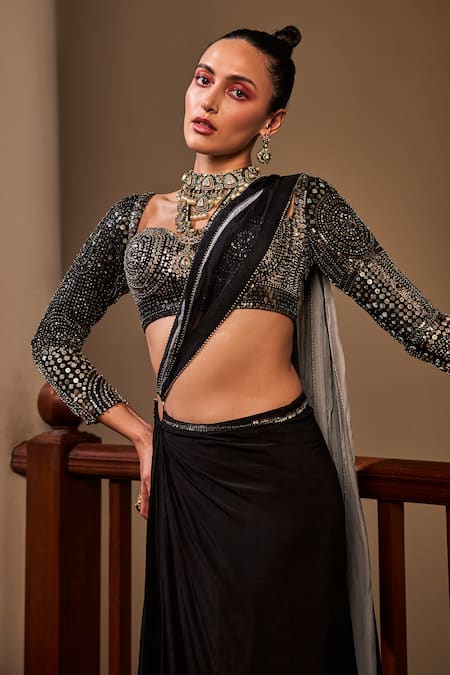 The Royaleum_Black Crepe Sequins, Saanvi Pre-draped Saree With Hand Embroidered Blouse_Online_at_Aza_Fashions