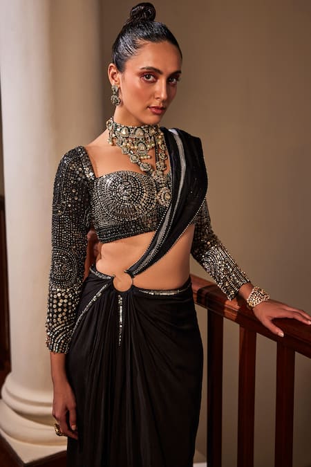 Shop_The Royaleum_Black Crepe Sequins, Saanvi Pre-draped Saree With Hand Embroidered Blouse_Online_at_Aza_Fashions