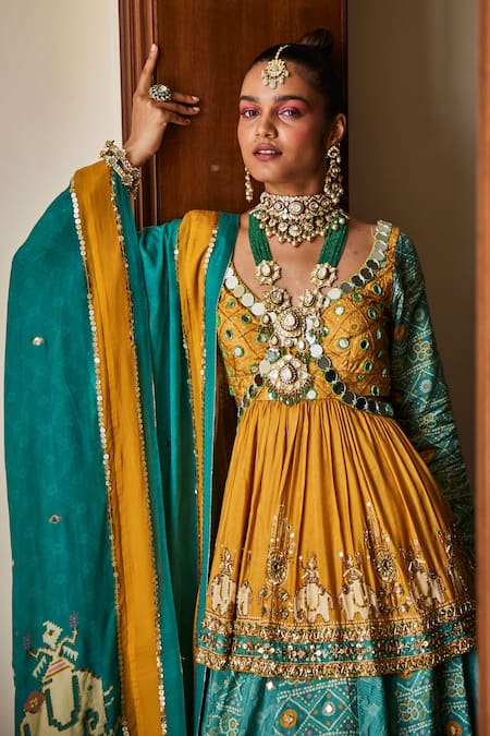The Royaleum_Green Silk, Crepe Mirrors, Beads Triya Bandhani Print Lehenga Set _Online_at_Aza_Fashions