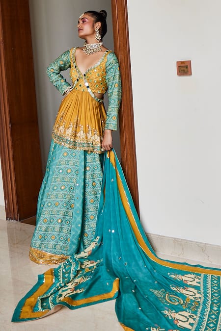 Buy_The Royaleum_Green Silk, Crepe Mirrors, Beads Triya Bandhani Print Lehenga Set _Online_at_Aza_Fashions
