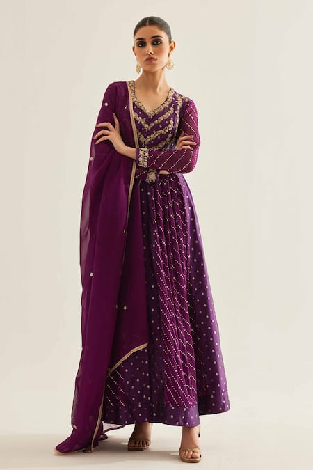 Shyam Narayan Prasad Purple Brocade Woven And Embroidered Floral V Neck Panelled Anarkali Set 