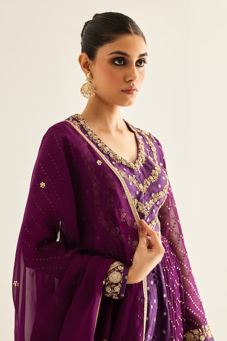 Shyam Narayan Prasad_Purple Brocade, Organza, Georgette Zari, Floral Panelled Anarkali Set _Online_at_Aza_Fashions