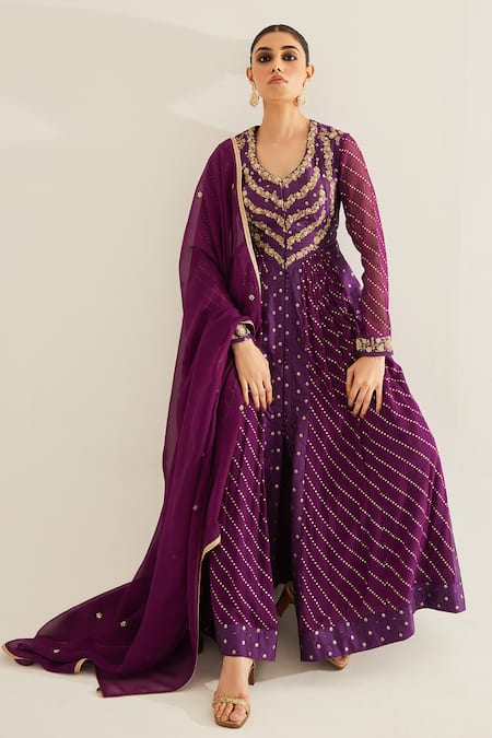 Buy_Shyam Narayan Prasad_Purple Brocade, Organza, Georgette Zari, Floral Panelled Anarkali Set _Online_at_Aza_Fashions