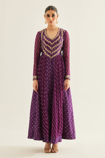 Shop_Shyam Narayan Prasad_Purple Brocade, Organza, Georgette Zari, Floral Panelled Anarkali Set _Online_at_Aza_Fashions