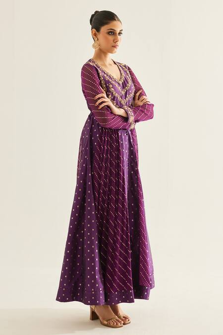 Shyam Narayan Prasad_Purple Brocade, Organza, Georgette Zari, Floral Panelled Anarkali Set _at_Aza_Fashions