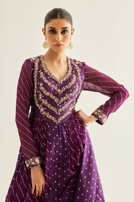 Buy_Shyam Narayan Prasad_Purple Brocade, Organza, Georgette Zari, Floral Panelled Anarkali Set 
