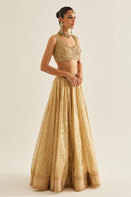 Shyam Narayan Prasad Gold Tissue Embroidery, Zari V-neck Floral Woven Pattern Lehenga Set Online at Aza Fashions Shyam Narayan Prasad_Gold Tissue Embroidery, Zari V-neck Floral Woven Pattern Lehenga Set _Online_at_Aza_Fashions